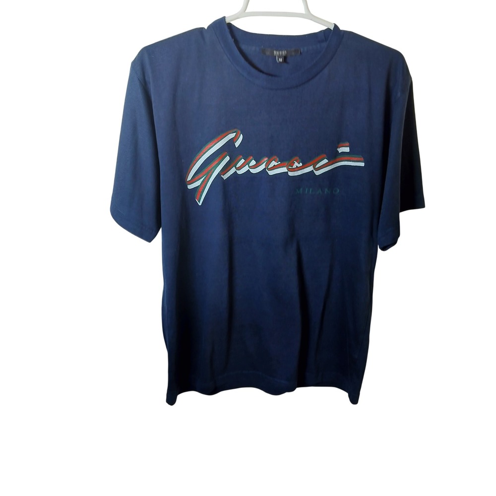 Gucci Milano Logo Graphic T-Shirt Mens Medium Navy Blue Cotton Made in Italy